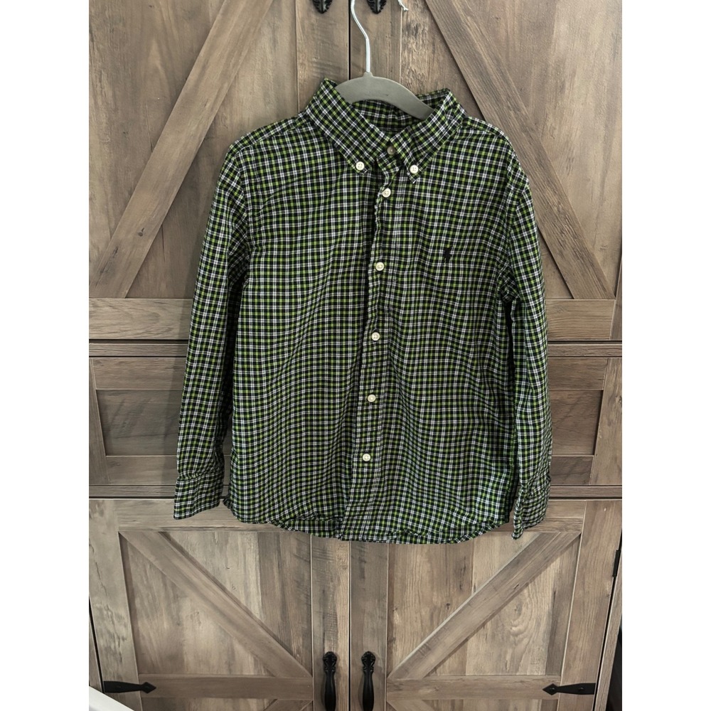 Polo Ralph Lauren Boys Green Black Plaid Button Down Shirt Size 6 Long Sleeve